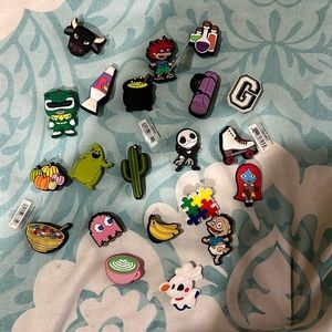 crocs charms; all new except the banana, G, bowl of cereal, and one iced coffee